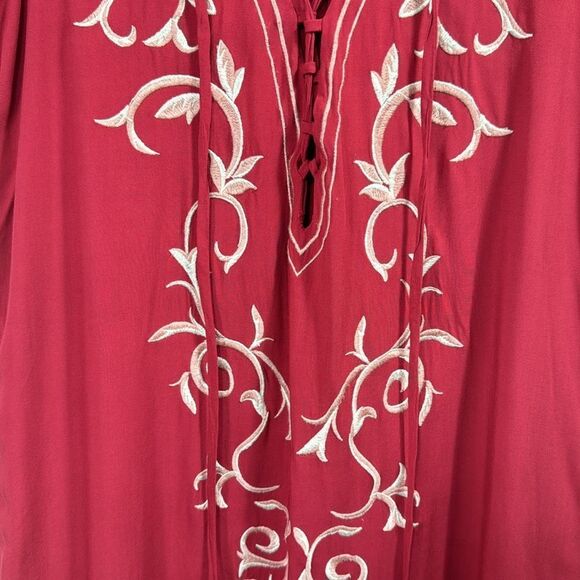 Lulus Embroidered Boho Lace Up Tassel Red Summer Beachy Tunic Mini Dress - Picture 10 of 16